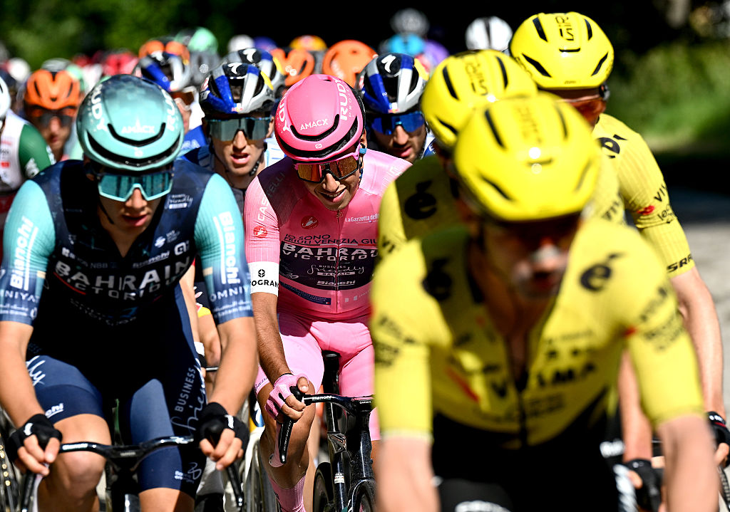 FERMO, ITALY - MAY 16: Afonso Eulalio of Portugal and Team Bahrain - Victorious - Pink Leader Jersey competes during the 109th Giro d&amp;amp;apos;Italia 2026, Stage 8 a 156km stage from Chieti to Fermo 315m / #UCIWT / on May 16, 2026 in Fermo, Italy. (Photo by Tim de Waele/Getty Images)
