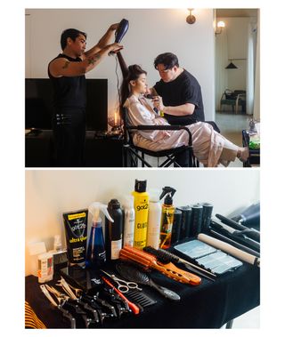 Liza Soberano sitting in a chair getting hair and makeup done and the hair products used for her look.