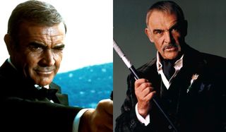 Sean Connery, aiming his gun in Never Say Never Again, and holding a staff in The Avengers (1998.)