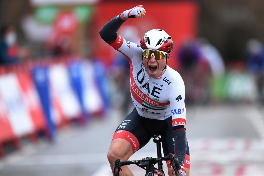PUEBLA DE SANABRIA SPAIN NOVEMBER 05 Arrival Jasper Philipsen of Belgium and UAE Team Emirates Celebration during the 75th Tour of Spain 2020 Stage 15 a 2308km stage from Mos to Puebla de Sanabria 924m lavuelta LaVuelta20 La Vuelta on November 05 2020 in Puebla de Sanabria Spain Photo by David RamosGetty Images