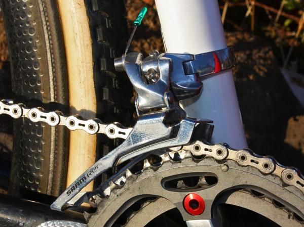 A steel cage on the SRAM 'Red' front derailleur offers up more stiffness than the usual titanium bit.