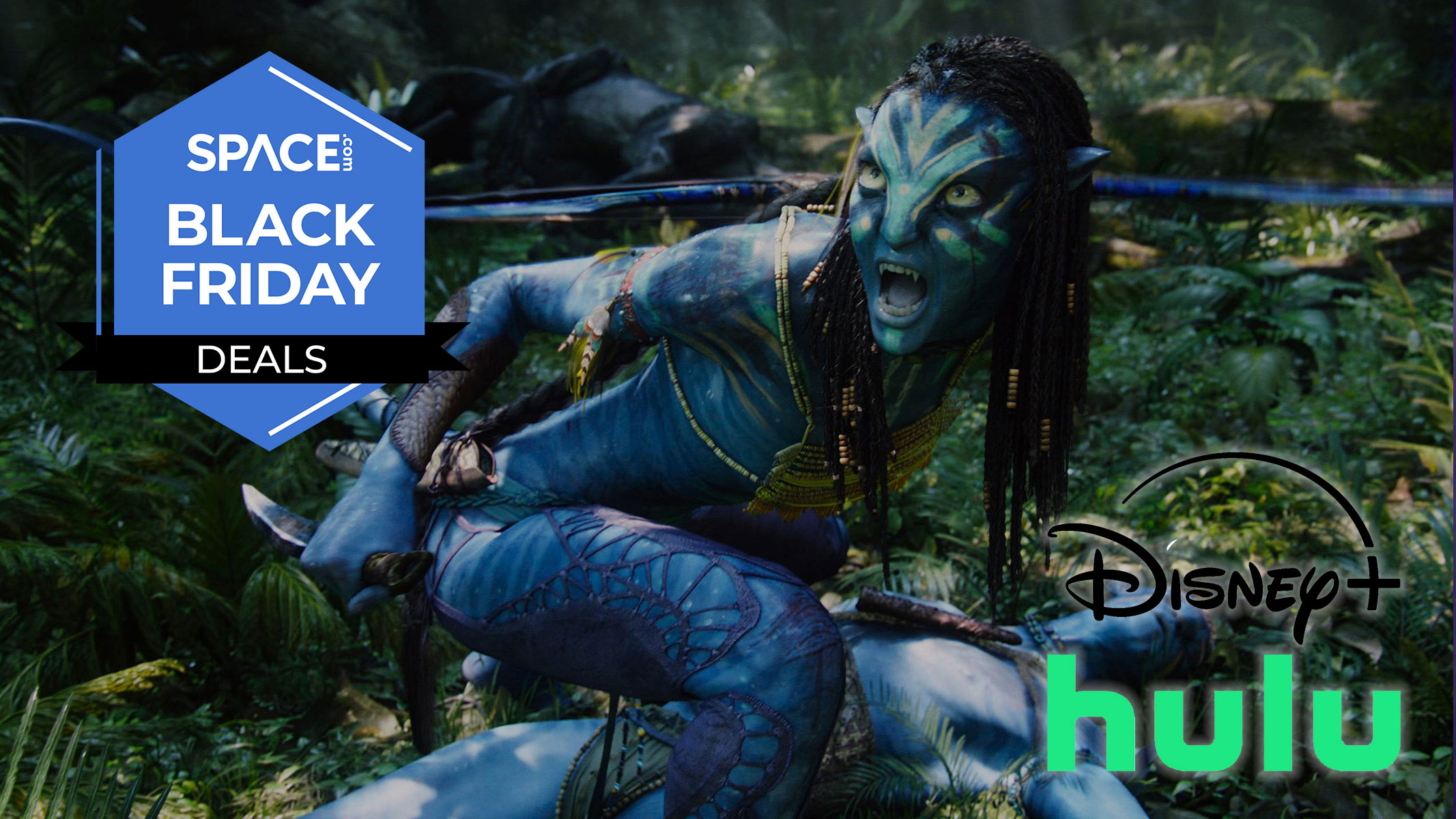 A blue alien creature with black hair looks back over their shoulder with greenery in the background and the space.com logo in the top left, and the disney and hulu logos in the bottom right.