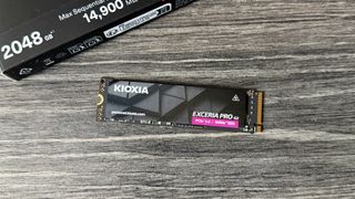 The Kioxia Exceria Pro G2 SSD ready to be installed inside a gaming PC.