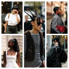 a collage of five women wearing cool London fashion week hairstyles and makeup