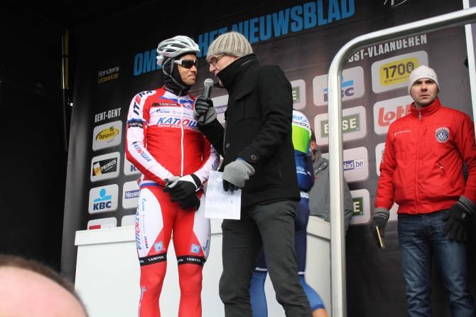 Alexander Kristoff (Katusha) signs on for Omloop Het Nieuwsblad.