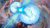 An illustration of merging neutron stars launching high-energy X-rays