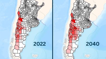 A comparison of two maps of Argentina, with the one on the left labeled 2022 and the one on the right labeled 2040. The image on the right has more red shaded areas. 