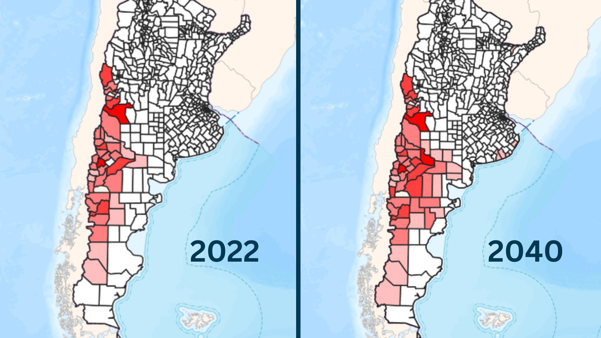 A comparison of two maps of Argentina, with the one on the left labeled 2022 and the one on the right labeled 2040. The image on the right has more red shaded areas. 