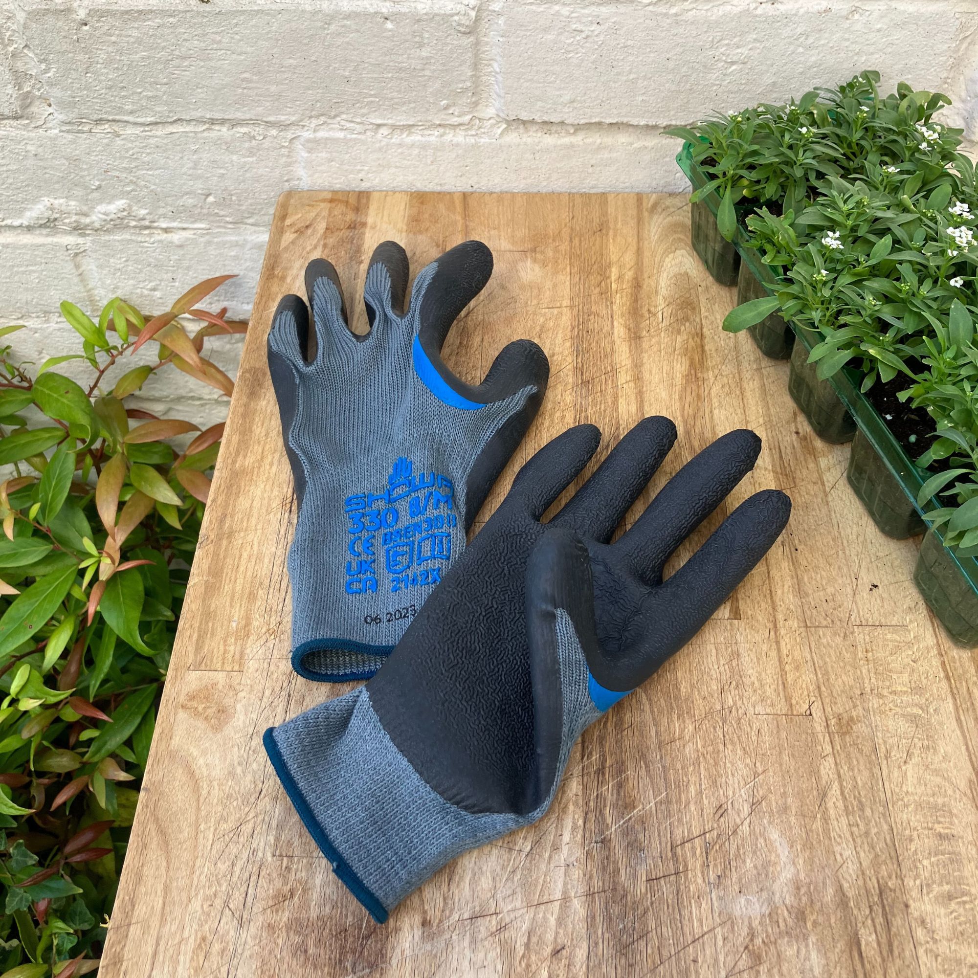 blue and grey gardening gloves