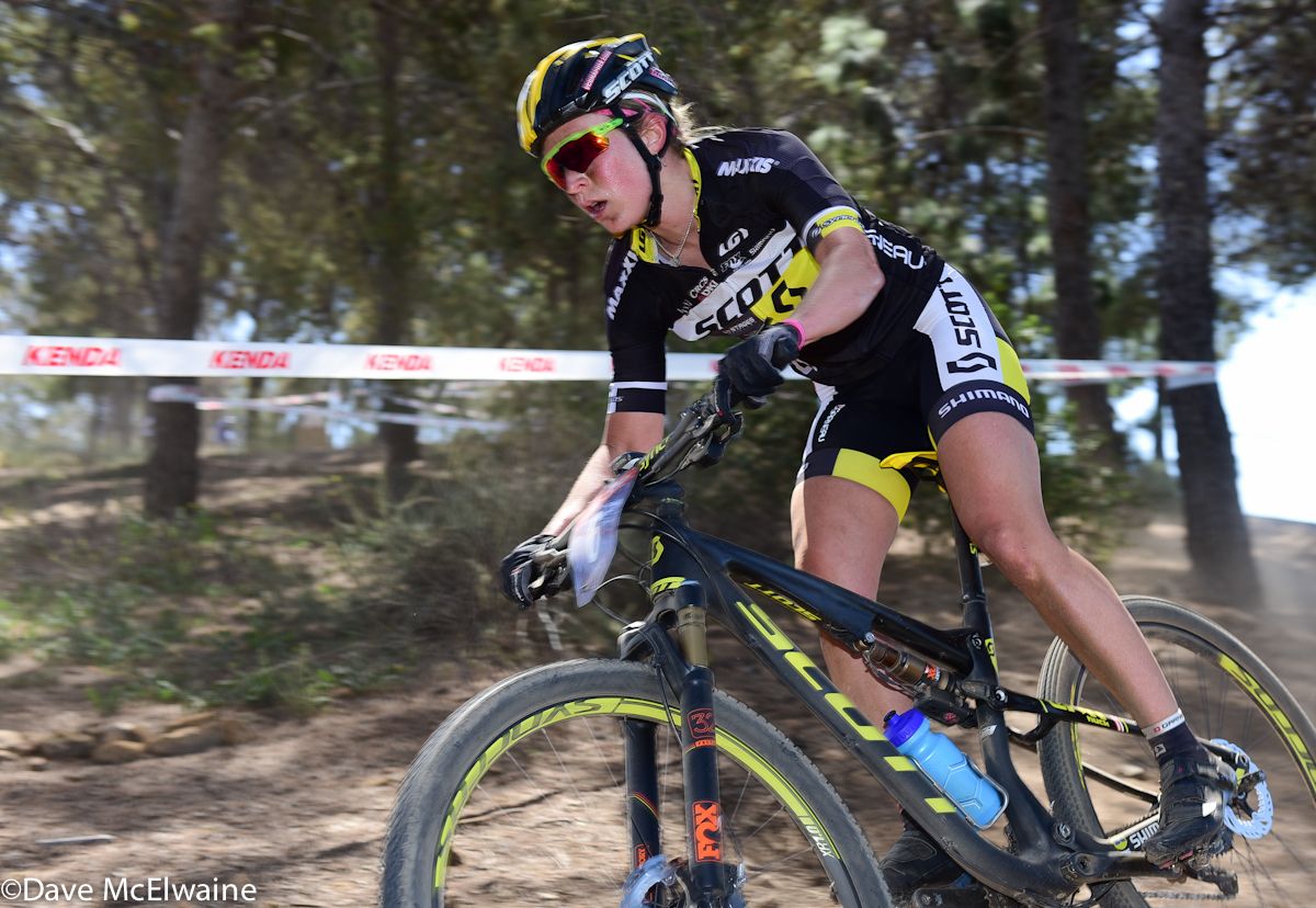 Erin Huck (Scott 3Rox Racing) riding in third position on lap two