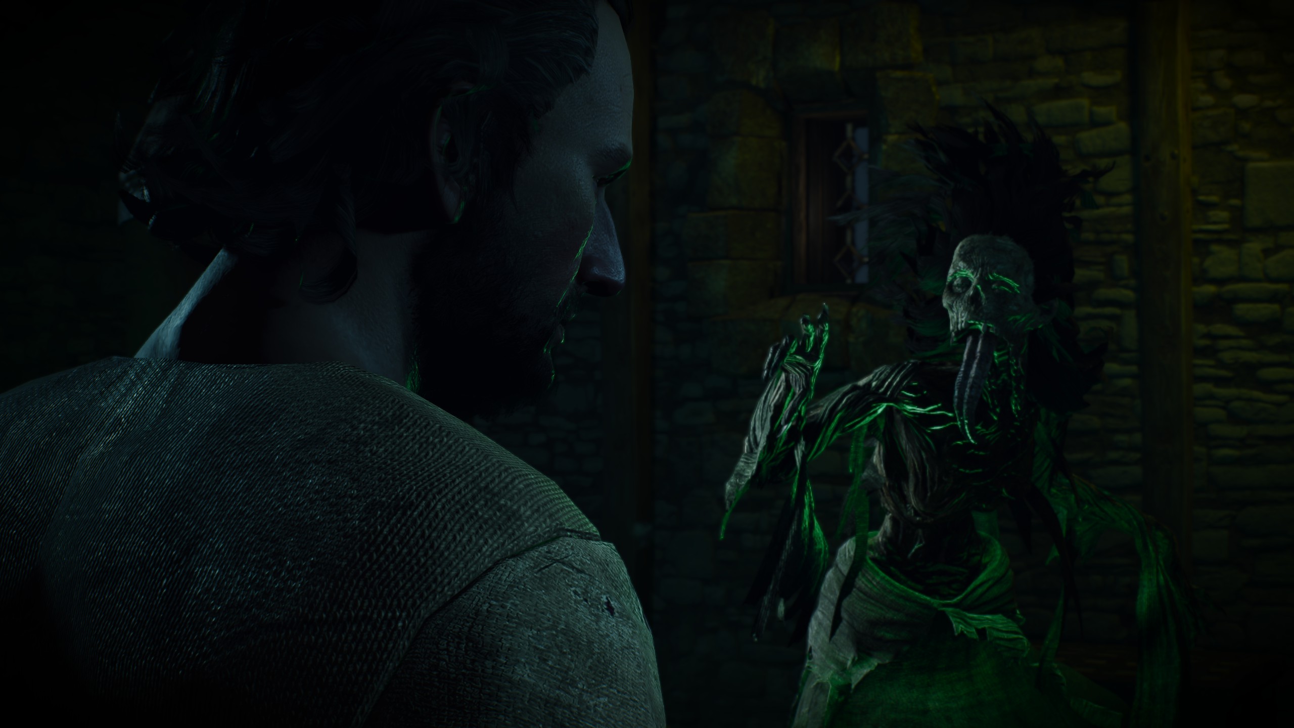 The Witcher 3 screenshots from quest 'A Towerfull of Mice', depicting scenes of a gloomy river and tower haunted by a Plague Maiden