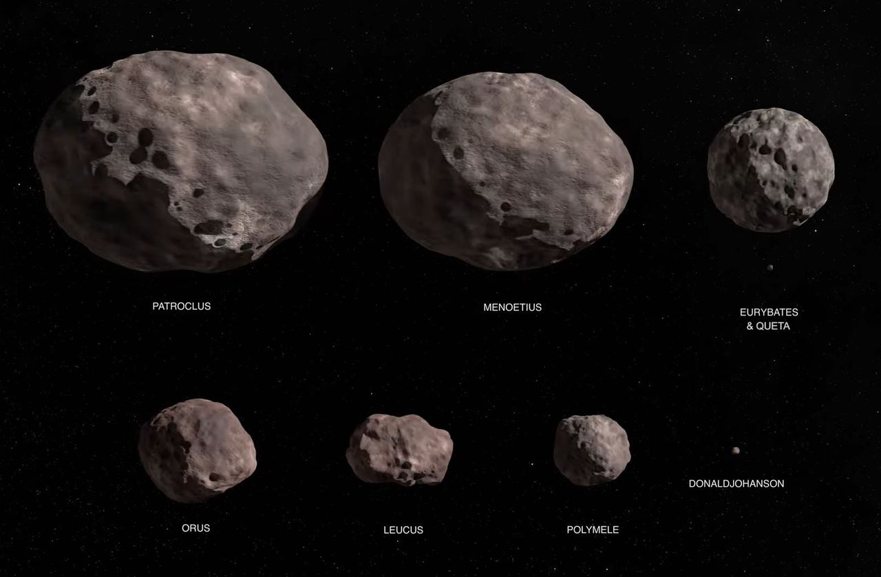 Artist's depictions of tThe eight asteroids that NASA's Lucy mission will visit.