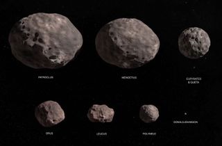Artist's depictions of tThe eight asteroids that NASA's Lucy mission will visit.