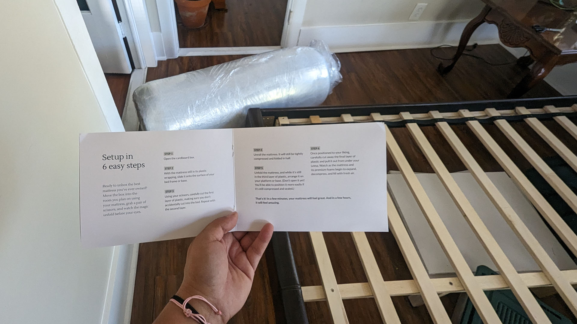 Leesa Oasis Chill Hybrid mattress out of its box, but still in plastic wrapping