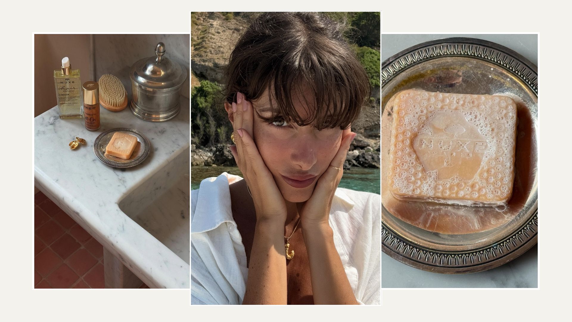 A collage of Nuxe products and a selfie of Julie Sergent Ferreri