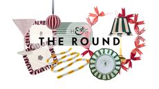 collage of festive striped interior products for a round-up