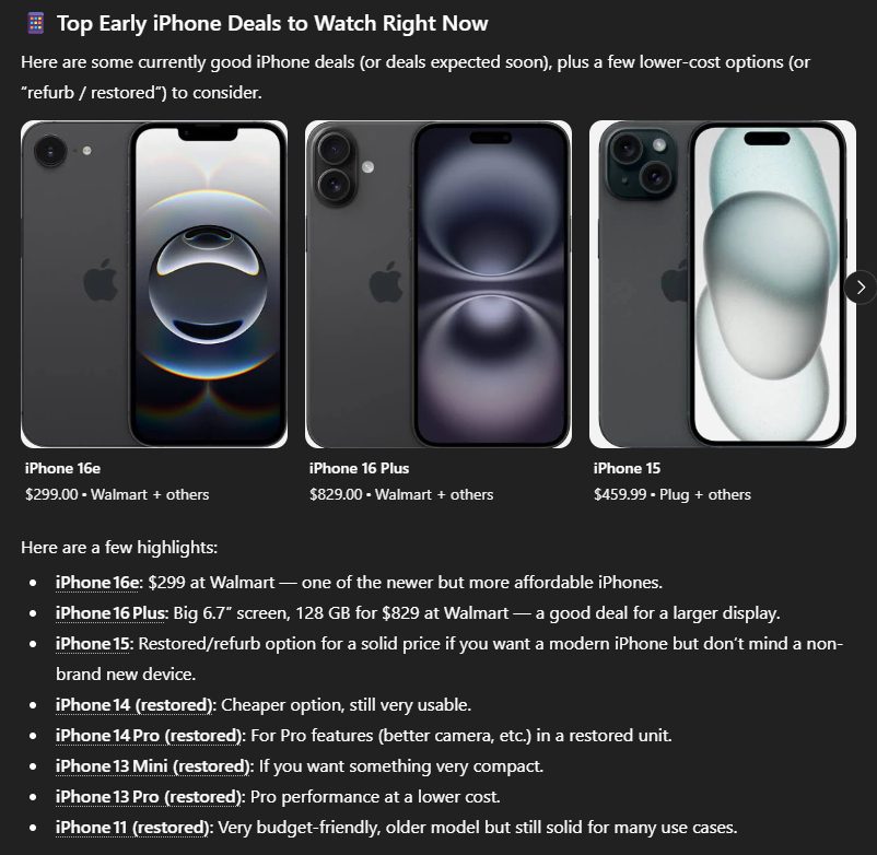 Three iPhone deals from Walmart, as recommended by ChatGPT