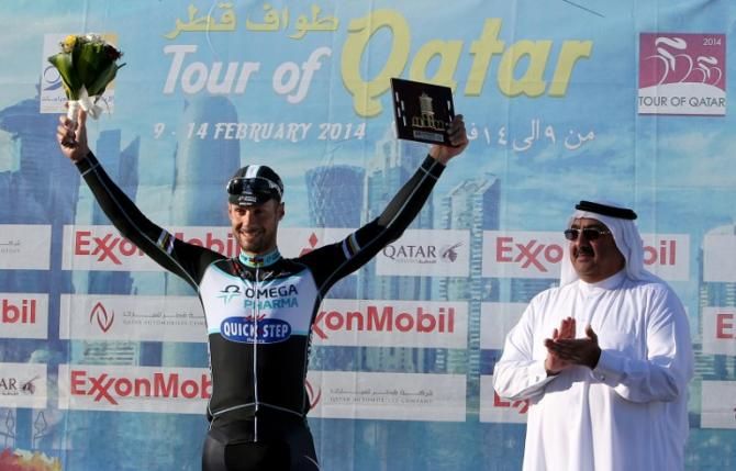 Tom Boonen celebrates a stage win in Qatar