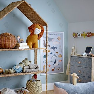 play room with open shelving and toys storage