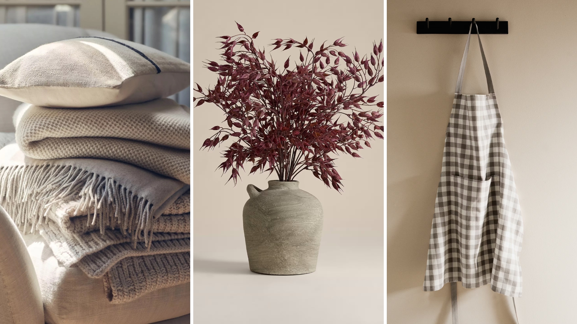 Three images of products included in our 15 cosy home buys: Throws and pillows from The White Company, M&S flowers and the Mango check apron