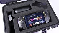 Open Pelican case with custom foam holding the powered-on ROG Ally X20 handheld, 68W charger, and AR glasses case.