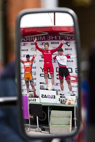 Stage ten podium (l-r): Joel Pearson (2nd,Genesys Wealth Advisers), Thomas Palmer (1st,Drapac Porsche), and Scott Law (3rd,Virgin Blue/RBS Morgans).