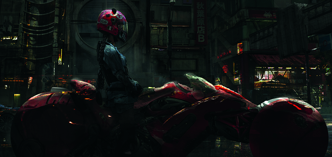 Digital art in progress showing a biker girl in a dark cityscape