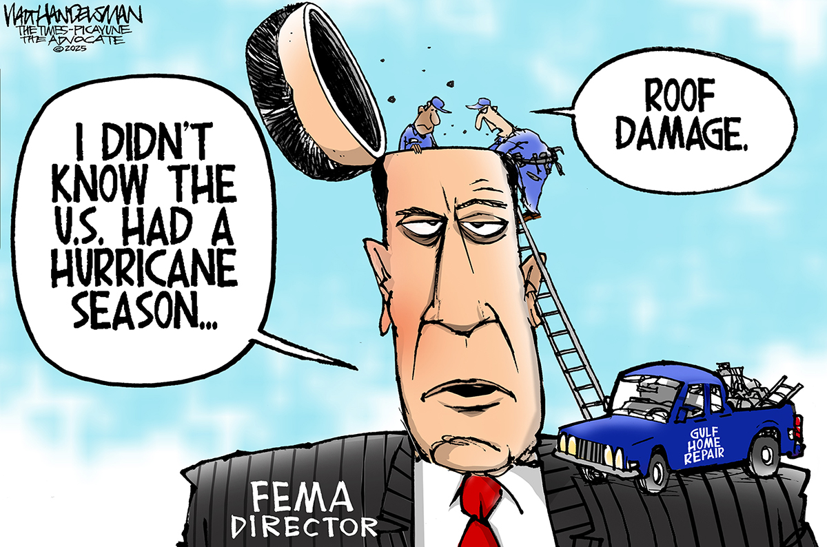 This cartoon depicts two workers from Gulf Home Repair in blue work suits working on the head of the acting FEMA director. The acting director says, “I didn’t know the U.S. had a hurricane season…” One of the workers says to the other, “Roof damage.”