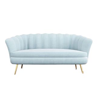 A baby blue couch with gold legs