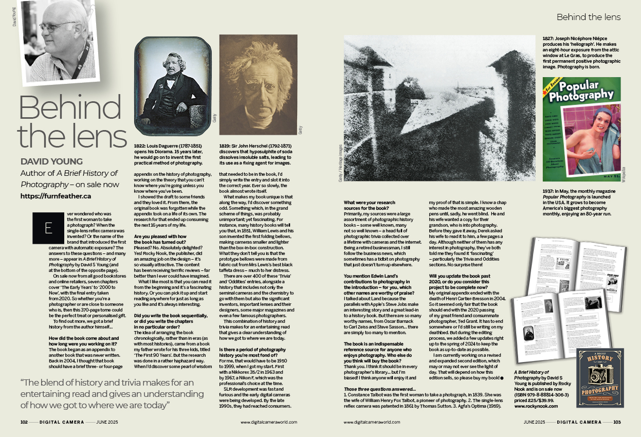 Image showing the Behind the Lens interview with David S Young, who has just published a book called A Brief History of Photography, in issue 295 (June 2025) of Digital Camera magazine
