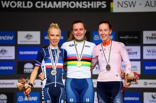 Silver medalists Eglantine Rayer of France, gold medalist Zoe Backstedt of United Kingdom, and bronze medalist Nienke Vinke of The Netherlands in the junior women's road race at the 2022 UCI Road World Championships
