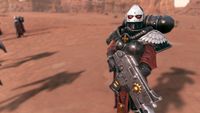 A Sister of Battle with a boltgun stands in the wastes