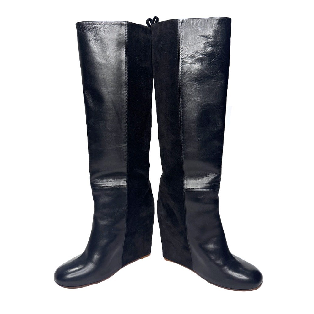 Celine Black Leather Suede Knee High Wedge Boots Us 10