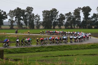 The Tirreno-Adriatico peloton lines out during stage 2