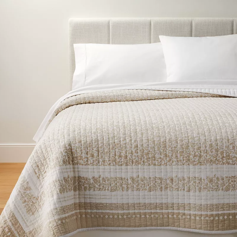 Decorative Border Cotton Slub Wood Block Print Quilt White/beige Floral - Threshold&amp;trade; Designed With Studio Mcgee
