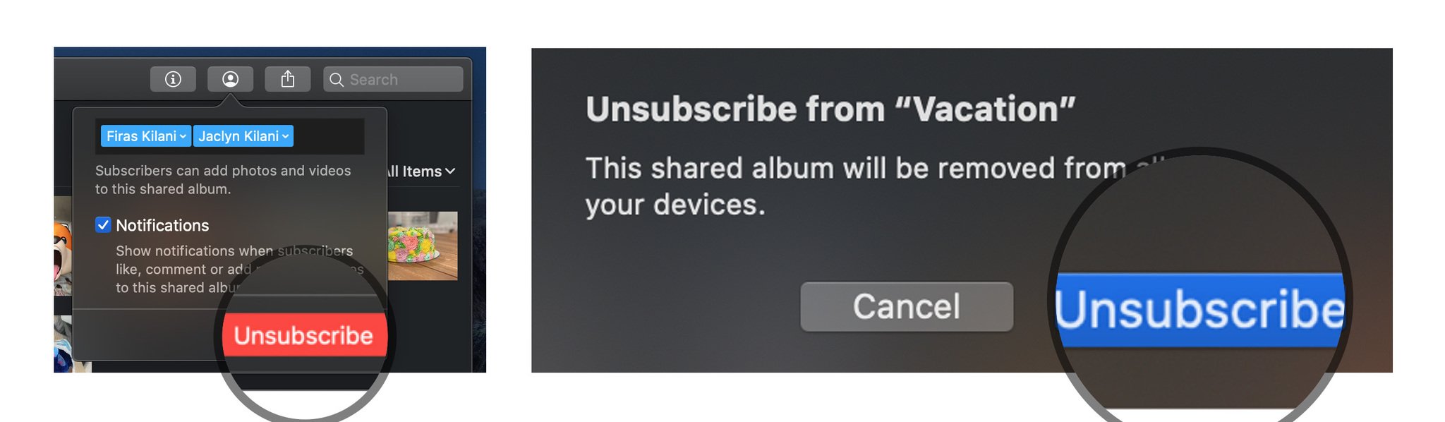 Unsubscribe from a Shared Photo Album on macOS by showing steps: Tap Usubscribe, Press Unsubscribe again
