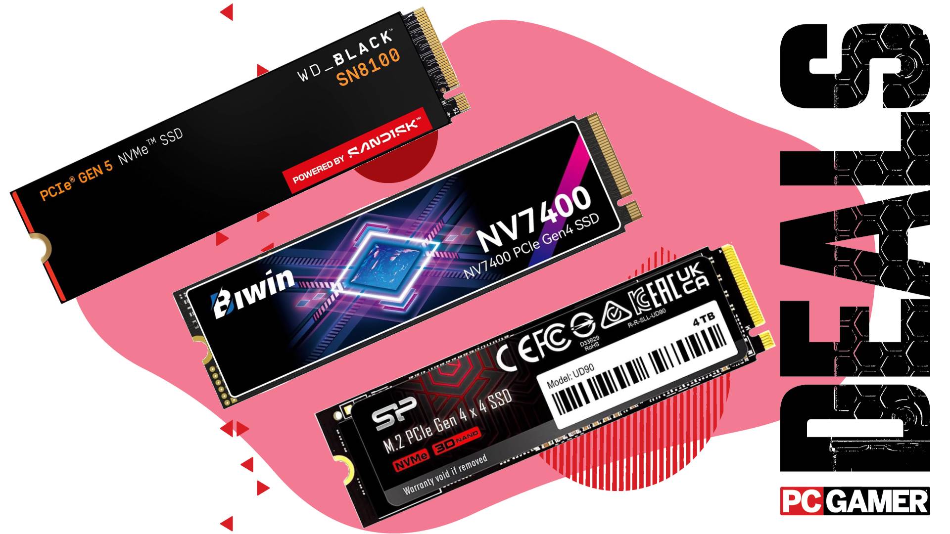 The WD_BLACK SN8100, BIWIN Black Opal NV7400, and Silicon Power UD90 float in the funky PC G deals void.