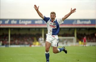 Alan Shearer celebrates after scoring for Blackburn Rovers against Swindon Town in October 1993.