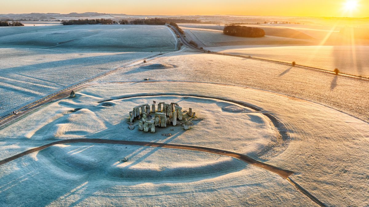 A general aerial view of a frost covering Stonehenge on Jan. 3, 2025 in Wiltshire, England. 