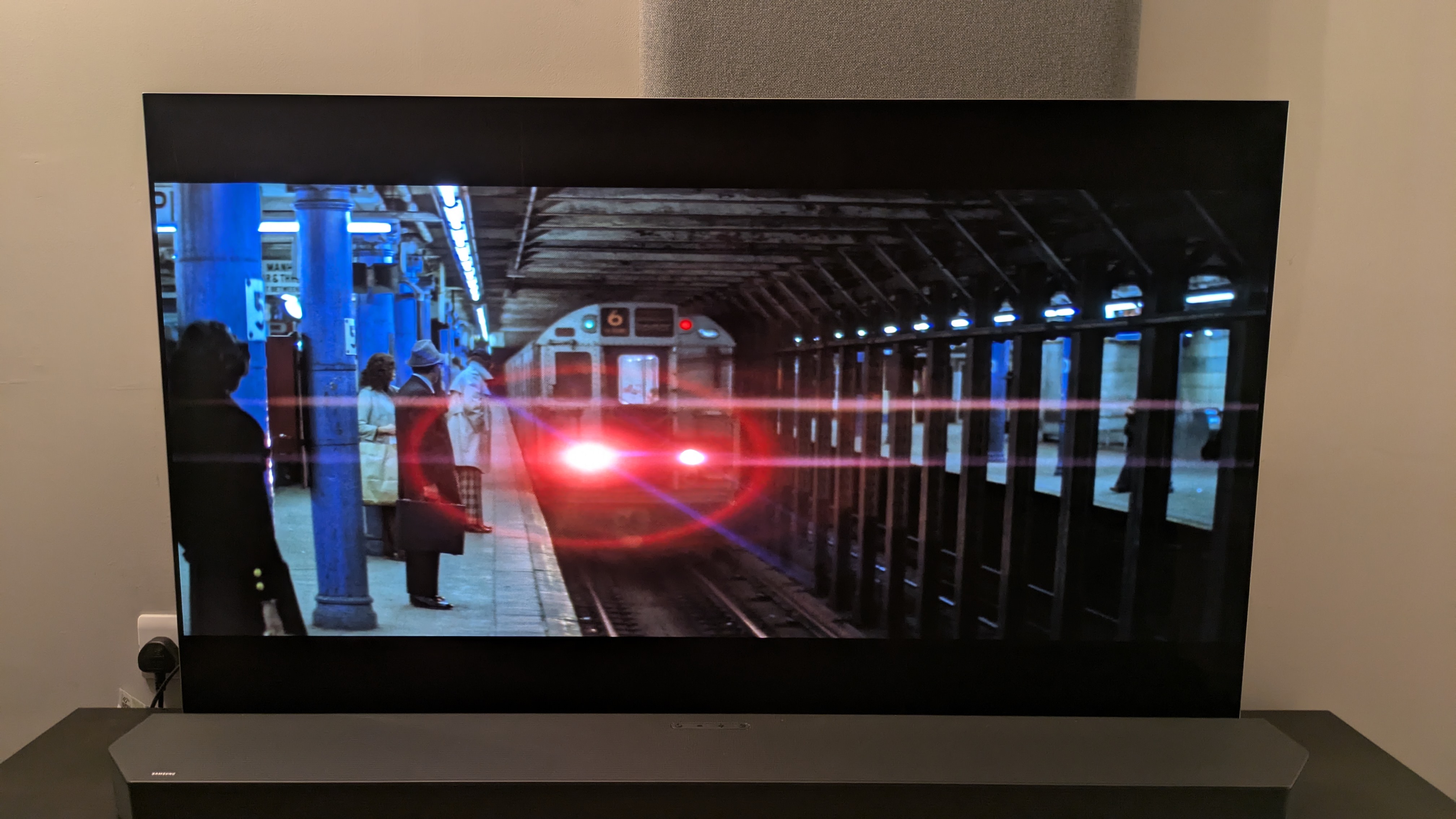 LG G5 showing a subway train from The Taking of Pelham 123 (1974) 4K Blu-ray on screen