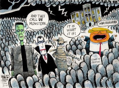 Political Cartoon U.S. Trump COVID deaths Halloween