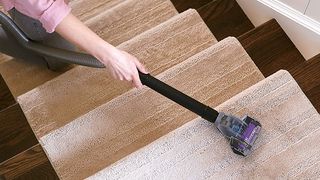 Someone cleaning pet hair from stairs