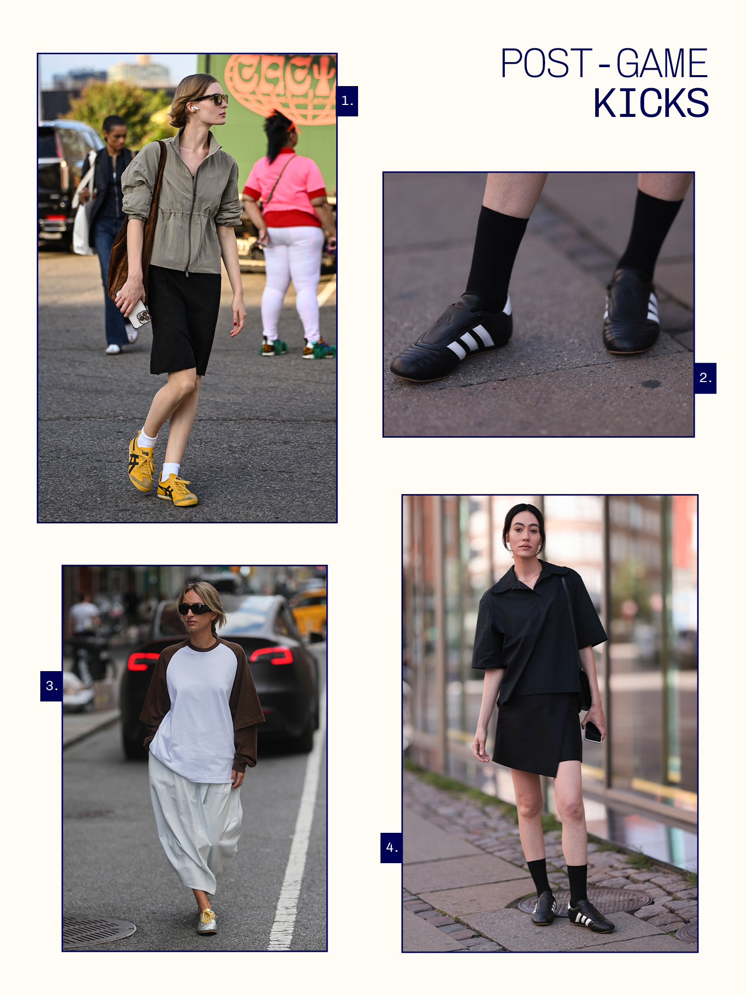 Model Maya Vozhdaeva at NYFW in a high-neck jacket and black shorts, paired with Onitsuka Tiger sneakers. Adidas Taekwondo black and white sneakers. Isabelle Allain is in a brown and white tee, a pair of oversize white pants, and silver sneakers. Woman in an all black ensemble wearing Adidas sneakers.
