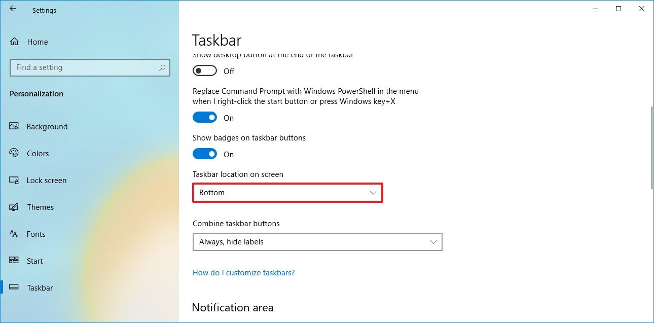 Taskbar location on screen option