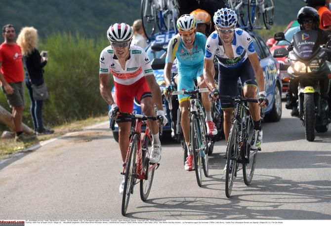 Joaquim Rodr&iacute;guez (Katusha), Fabio Aru (Astana) and Alejandro Valverde (Movistar) climbing together