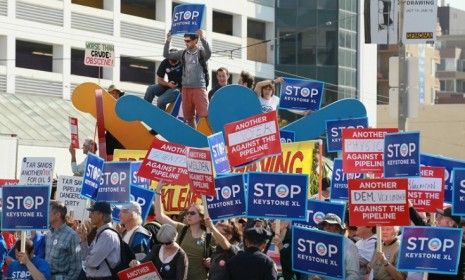 Protesters against the construction of the Keystone XL oil pipeline rally in San Francisco: The controversial Midwest oil duct could help reduce foreign energy dependence.