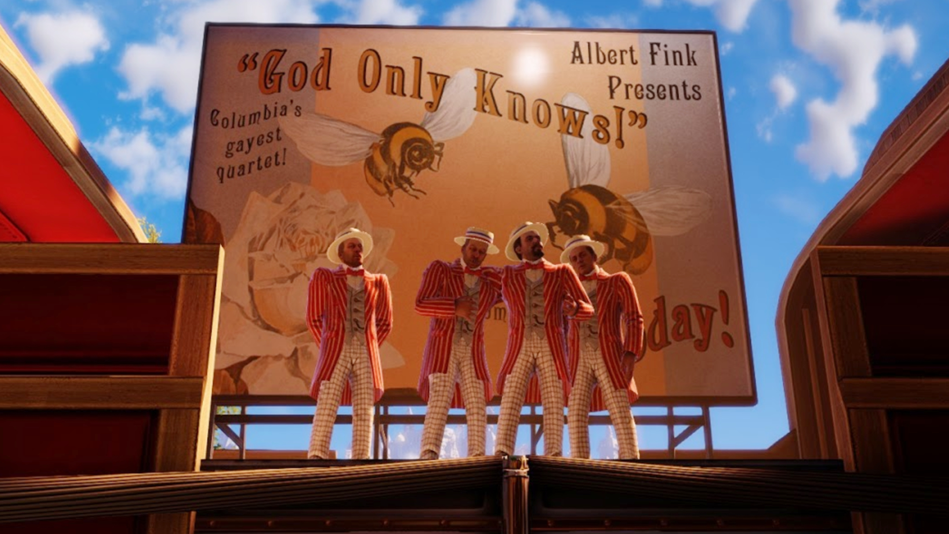 Barbershop quartert the Bee Sharps atop an airship in BioShock Infinite.