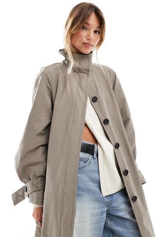 Asos Design Funnel Neck Oversized Longline Trench Coat in Mushroom