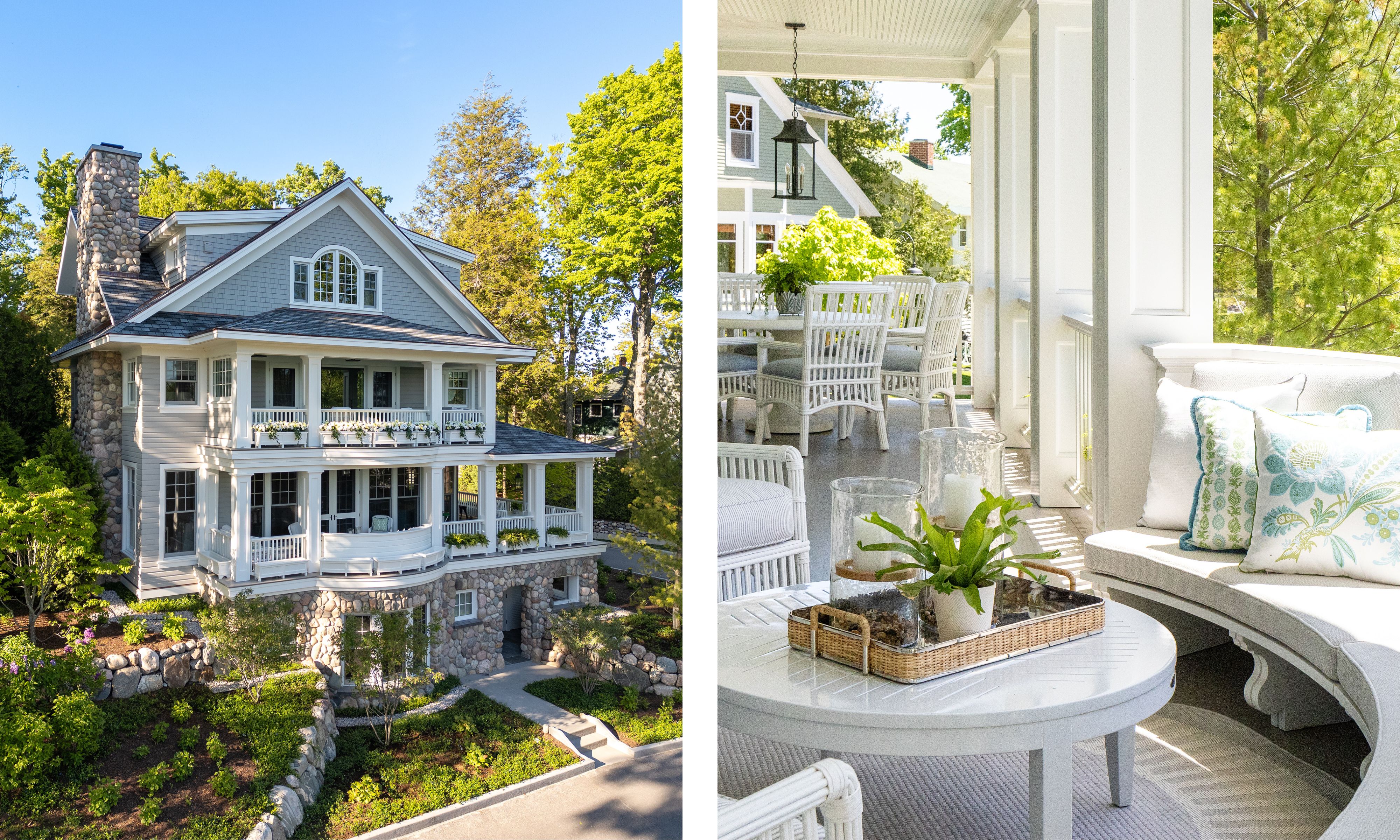two side by side images of a large Lake Michigan summer house with grand porches styled for summer with white wicker furniture