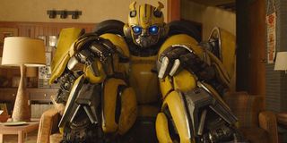 Bumblebee movie sitting on couch